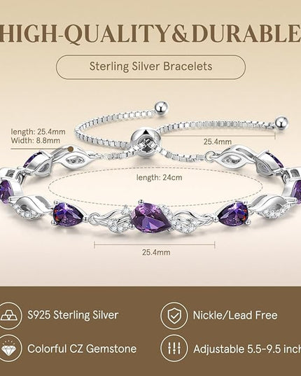 FANCIME Birthstone Teardrop Tennis Bracelet for Women, Sterling Silver 9x7mm main Gemstone Bolo Adjustable Chain Bracelet Fine Jewelry Birthday Gifts for Women Mom Wife Her