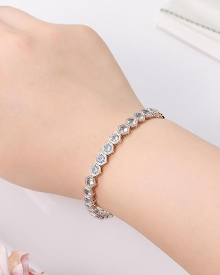 Birthstone Tennis Bracelets for Women Birthday Gifts 925 Sterling Silver Hexagon White Gold Bracelets Round Cut 5A Cubic Zirconia Prong Setting 7 Inch Anniversary Jewelry Gift