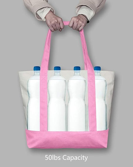 TOPDesign 1-Pack Canvas Tote Bag with an External Pocket, Reusable Grocery Shopping Bag, Top Zipper Closure, Daily Essentials (Pink/Natural)