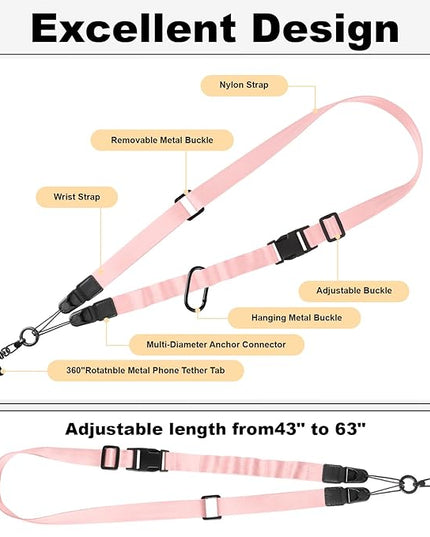 Adjustable Crossbody Phone Lanyard, Universal Phone Wrist Strap and Phone Neck Strap with Tether Tab, Phone Lanyard with Quick Release, Suitable for iPhone and Most Smartphones, Light Pink