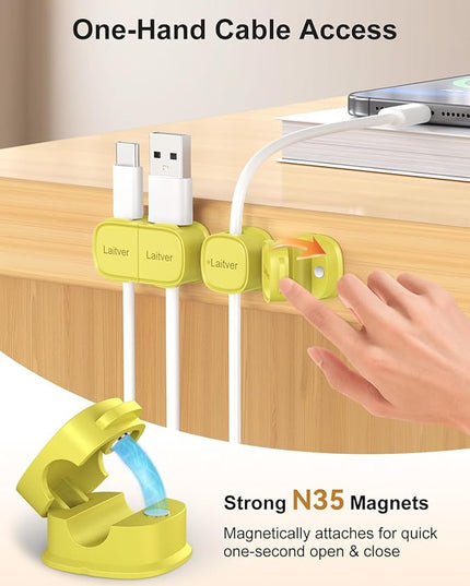 6 Pack Magnetic Cable Clips [1s Open/Lock], Laitver Cord Organizer Holder Strong Adhesive Desk Cable Management- Organize Charging Cords Neatly for Home, Office, Car,Desk, Nightstand-Emerald Green