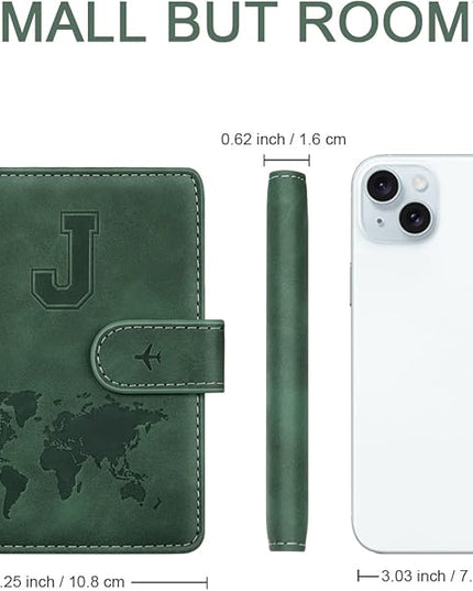 Personalized J Passport Holder Cover Initial Letter Travel Wallet RFID Blocking Passport Cover Credit Card Holder Case Passport Book Holders for Women and Men, Pine Green-J