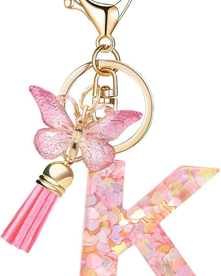 Fashion Alphabet Initial Letter Keychain Tassel Butterfly Pendant Key Ring for Purse Handbags Women Girl