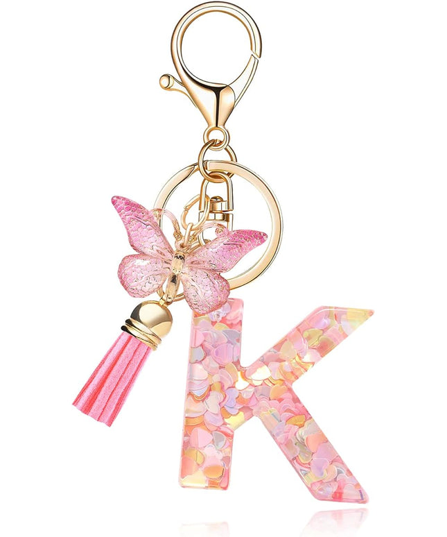 Fashion Alphabet Initial Letter Keychain Tassel Butterfly Pendant Key Ring for Purse Handbags Women Girl
