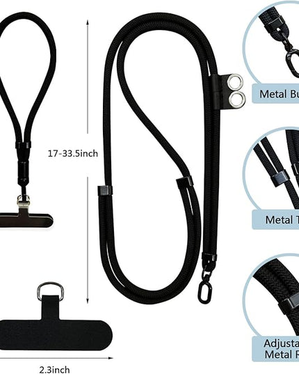 2 Pack Phone Lanyard and Wrist Strap Set, Black Adjustable Crossbody Neck Strap & Secure Phone Wrist Strap with 4 Pcs Tether Tabs, Universal Multifunctional for Most Smartphones iPhone Android