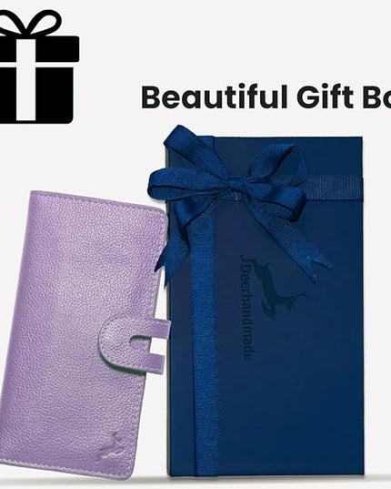 DEERHANDMADE womens wallet (Holds 15-18 Cards, 4 Flat Pockets, 1 ID Windows) Genuine Leather clutch purses for women | Slim long wallets for women | rfid blocking wallet (purple wallet)