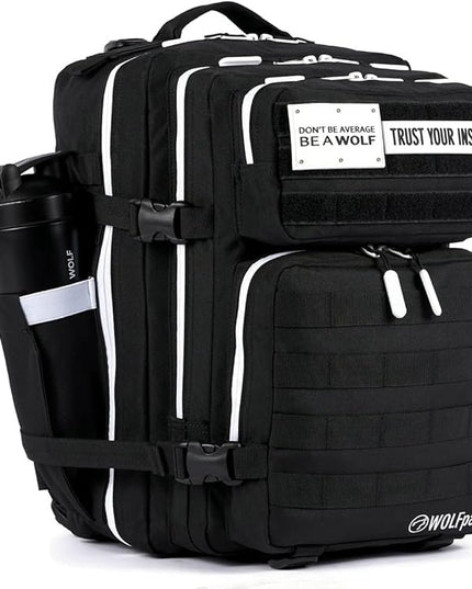 WOLFpak 35L Athletic Gym Backpack - Durable 1000D Waterproof Oxford Material with MOLLE Webbing, Laptop Pocket & Dual Cup Holders, Durable Fitness/Travel/Military Daypack (Alpha Black White Accents)