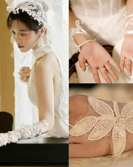 Floral Lace Fingerless Gloves,Women's Length Gloves,White Beadwork Brides Hand Sleeve for Wedding Opera Tea Party