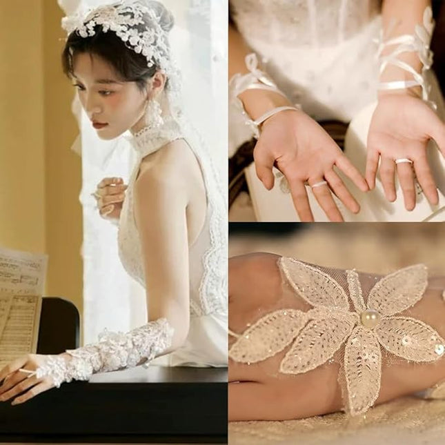 Floral Lace Fingerless Gloves,Women's Length Gloves,White Beadwork Brides Hand Sleeve for Wedding Opera Tea Party