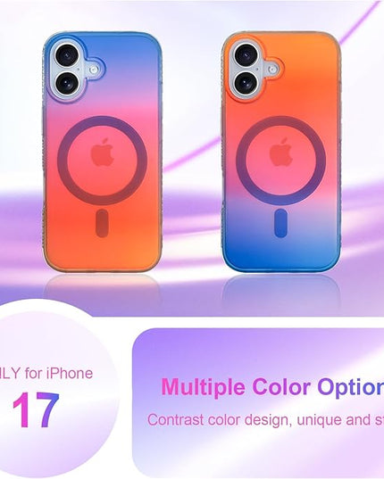 Aesthetic Case for iPhone 17 Case for Women Girls [Compatible with Magsafe] Cute Girly Trendy Glitter Sparkly Rainbow Magnetic Protective Phone Cover, Matte Iridescent Orange & Blue
