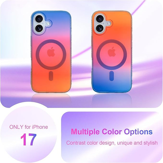 Aesthetic Case for iPhone 17 Case for Women Girls [Compatible with Magsafe] Cute Girly Trendy Glitter Sparkly Rainbow Magnetic Protective Phone Cover, Matte Iridescent Blue & Orange
