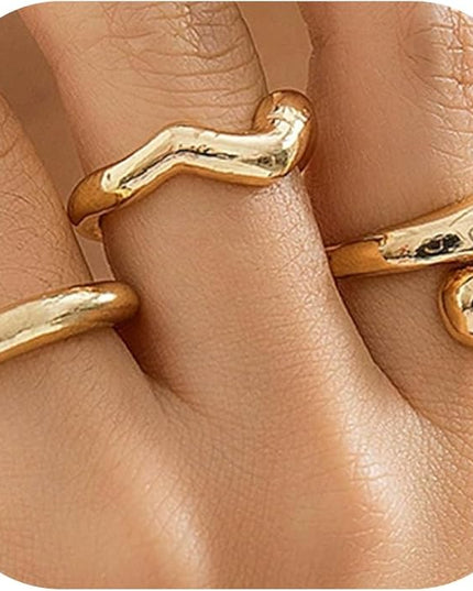 GiftInBox Gold Chunky Rings Set for Women Open Stacking Knuckle Ring Adjustable Round Dome Rings Set Minimalist Irregular Statement Women Ring Jewelry Gift