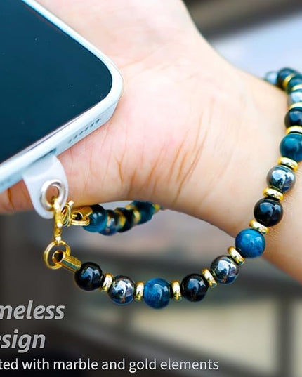 Marble Beaded Phone Wrist Strap,Detachable Phone Bracelet Strap with Tether Tab,Hands-Free Wristlet Strap (Blue Tiger Eye)
