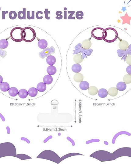 2 Pcs Phone Charm Wrist Strap with Tether Tab, Double Anti Lost Cute Beaded Wrist Lanyard, Detachable Transparent Phone Charms for Bag, Key Chains, Camera Decor
