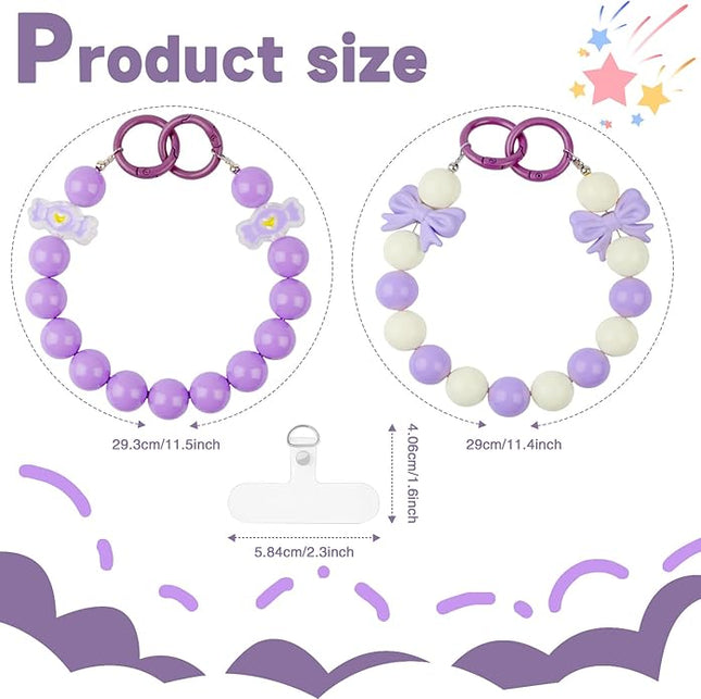 2 Pcs Phone Charm Wrist Strap with Tether Tab, Double Anti Lost Cute Beaded Wrist Lanyard, Detachable Transparent Phone Charms for Bag, Key Chains, Camera Decor