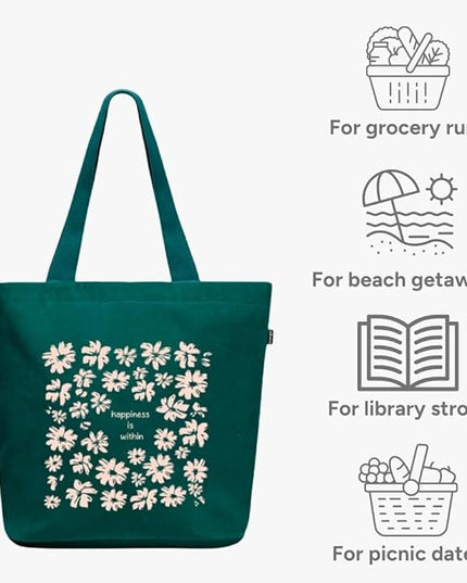 Ecoright Aesthetic Canvas Tote Bag for Women Large Zipper Tote Bags with Pocket, Womens Tote Bag for Yoga, Work, Beach