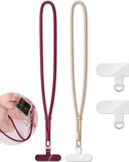 2 Pack Phone Lanyard,2×Phone Neck Strap,4×Tether Tabs,Universal Cell Phone Multifuctional Patch Polyester Lanyards,Cell Phone Lanyards for Women and Men(wine+light camel)
