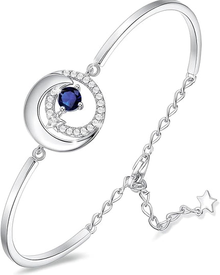 FANCIME Birthstone Bracelets 925 Sterling Silver Moon and Star Bangle Charm Bracelet Fine Jewelry Birthday Anniversary Christmas Day Gift for Her Women, Adjustable Chain 6.7"+1.2" Extend