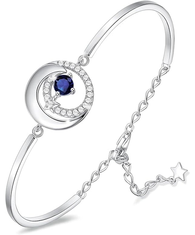 FANCIME Birthstone Bracelets 925 Sterling Silver Moon and Star Bangle Charm Bracelet Fine Jewelry Birthday Anniversary Christmas Day Gift for Her Women, Adjustable Chain 6.7"+1.2" Extend