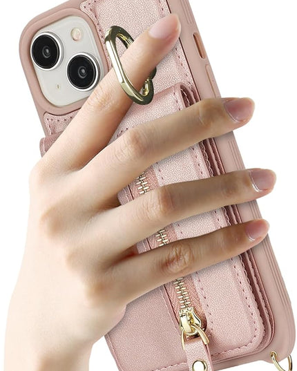 for iPhone 15 Wallet Case with Card Holder, for iPhone 15 Case Wallet with Strap Credit Card Slot, Crossbody Bag with Zipper Case for iPhone15 - Rose Gold