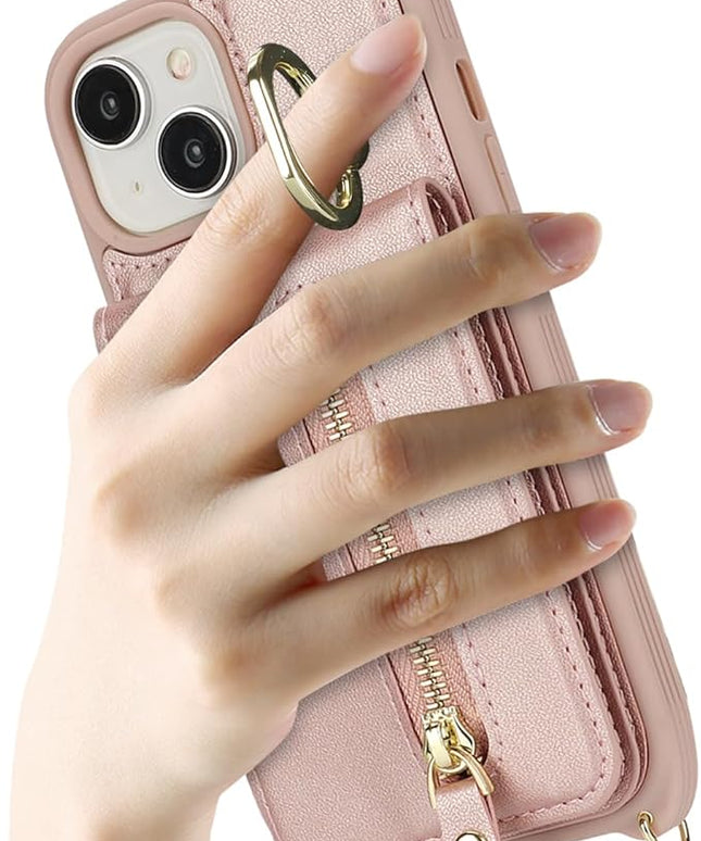 for iPhone 15 Wallet Case with Card Holder, for iPhone 15 Case Wallet with Strap Credit Card Slot, Crossbody Bag with Zipper Case for iPhone15 - Rose Gold