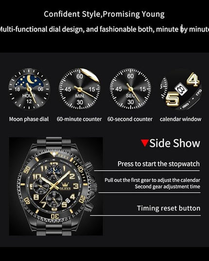 OLEVS Mens Watches Chronograph Watch Luxury Dress Stainless Steel Waterproof Watches for Men Moon Phase Luminous Business Calendar Wrist Watch Blue/Black/Green/Gold/Face
