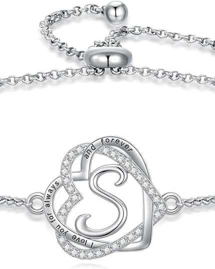 TOUPOP Gifts for Women Heart Initial Bracelet 925 Sterling Silver Double Heart Bracelet Birthday Jewelry Birthday Christmas Gifts for Her Wife Girlfriend