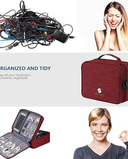 ORIENT FAMULAY Travel Electronics Organizer, Waterproof Cable Organizer Bag for Electronic Accessories Double Layer Large Shockproof Cable Storage Bag for Cord, Power Bank, Tablet(Up to iPad 11 inch) - Wine Red