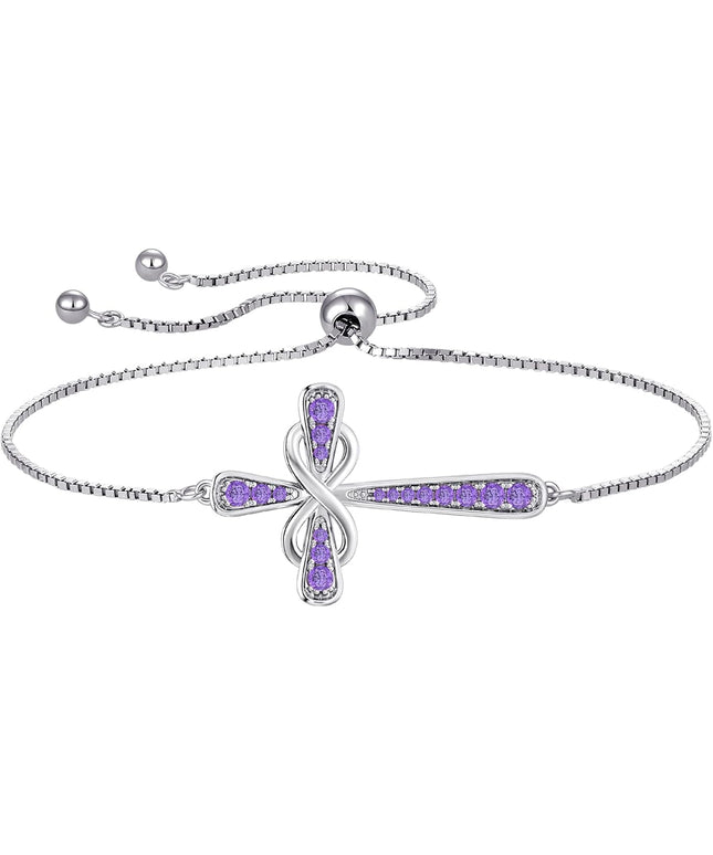 YL Cross Bracelet 925 Sterling Silver Infinity Sideways Link Bracelet Birthstone Jewelry for Women