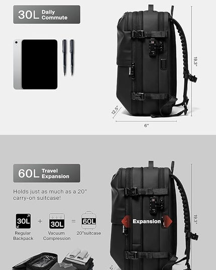 BlackVoyage Vortex Vacuum Seal Travel Backpack 60L Expandable Air Compression System Water Resistant TSA Lock Carry-On Suitcase Luggage Black AERO - Vacuum Pump Included