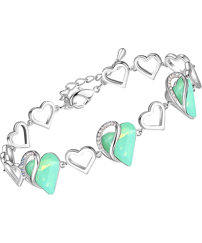 Leafael Infinity Love Heart Link Bracelets, Birthstone or Healing Stone Crystal Bracelet for Women, Silver Tone Jewelry Gifts for Her, 7-inch Chain and 2-inch Extender