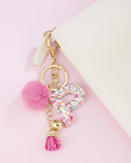 Resin Alphabet Initial Letter Keychain Keyring for Women Purse Handbags With Fur Ball Pom