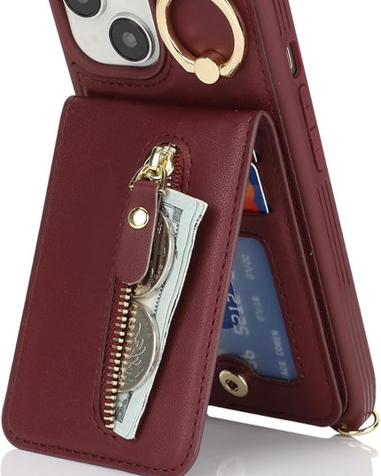 for iPhone 15 Wallet Case with Card Holder, for iPhone 15 Case Wallet with Strap Credit Card Slot, Crossbody Bag with Zipper Case for iPhone15 - Red Wine