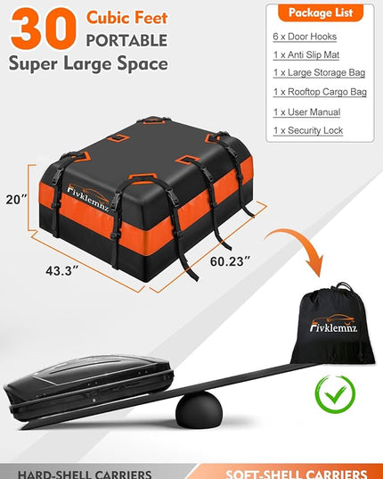 FIVKLEMNZ 30 Cubic Car Rooftop Cargo Carrier Roof Bag Waterproof for All Top of Vehicle with/Without Rack Includes Topper Anti-Slip Mat + Reinforced Straps + 6 Door Hooks + Luggage Lock