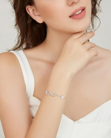 CDE Valentine's Day Gift Infinity Heart Birthstone Charm Link Bracelet for Women 925 Sterling Silver Adjustable Mother's Day Christmas Day Gift Anniversary Birthday Jewelry for Wife Girlfriend Her