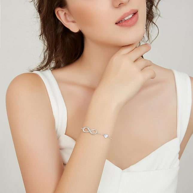 CDE Valentine's Day Gift Infinity Heart Birthstone Charm Link Bracelet for Women 925 Sterling Silver Adjustable Mother's Day Christmas Day Gift Anniversary Birthday Jewelry for Wife Girlfriend Her