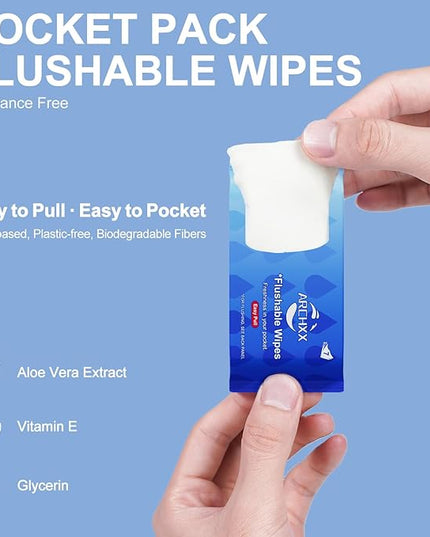 Travel Flushable Wipes for Adults & Kids, 112 Count (16 Packs of 7), Value Pack, Unscented & Hypoallergenic, Travel Essentials, Mini Wet Wipes with Aloe Vera, 99% Water, for Sensitive Skin