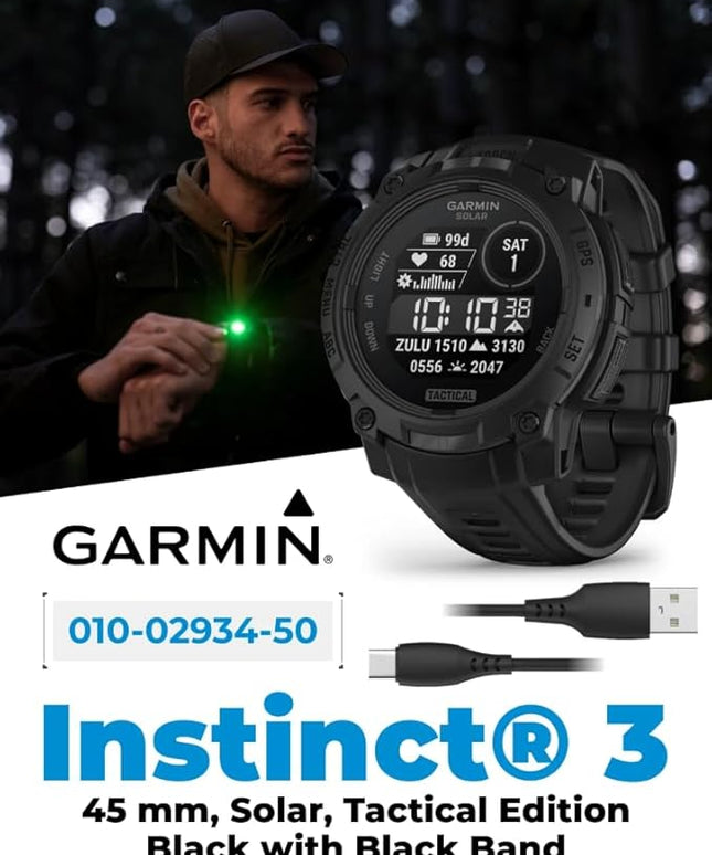 Wearable4U Garmin Instinct 3-45mm Tactical Edition Rugged Outdoor GPS Smartwatch, Solar Charging Display, Applied Ballistics Support, LED Flashlight, Multi-Band GPS PowerBank Bundle