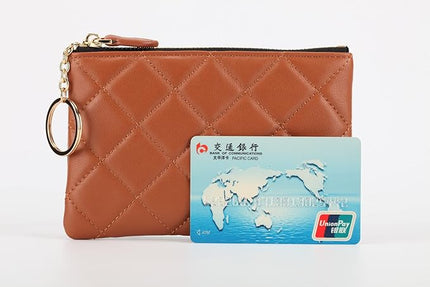 DORIS&JACKY Soft Lambskin Leather Coin Purse Small Quilted RFID Blocking Top Zipper Wallet With Key Chain