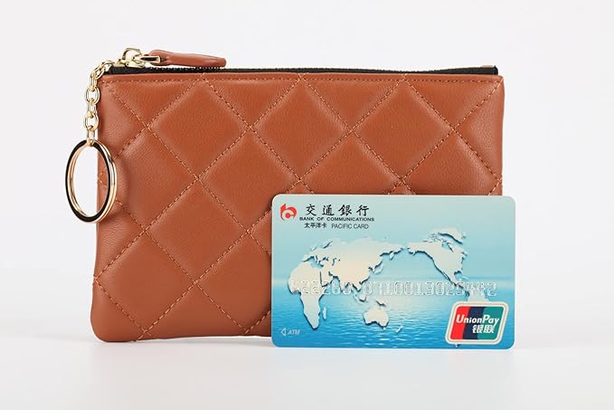 DORIS&JACKY Soft Lambskin Leather Coin Purse Small Quilted RFID Blocking Top Zipper Wallet With Key Chain