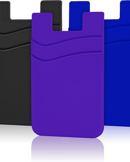 SHANSHUI Phone Card Holder, 3 Pack Cell Phone Sleeves Silicone Wallet for Credit ID Business Card Pocket Fitting for iPhone, Android and Most Smartphones - Black Purple Blue