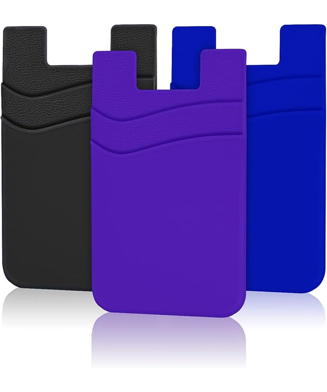 SHANSHUI Phone Card Holder, 3 Pack Cell Phone Sleeves Silicone Wallet for Credit ID Business Card Pocket Fitting for iPhone, Android and Most Smartphones - Black Purple Blue