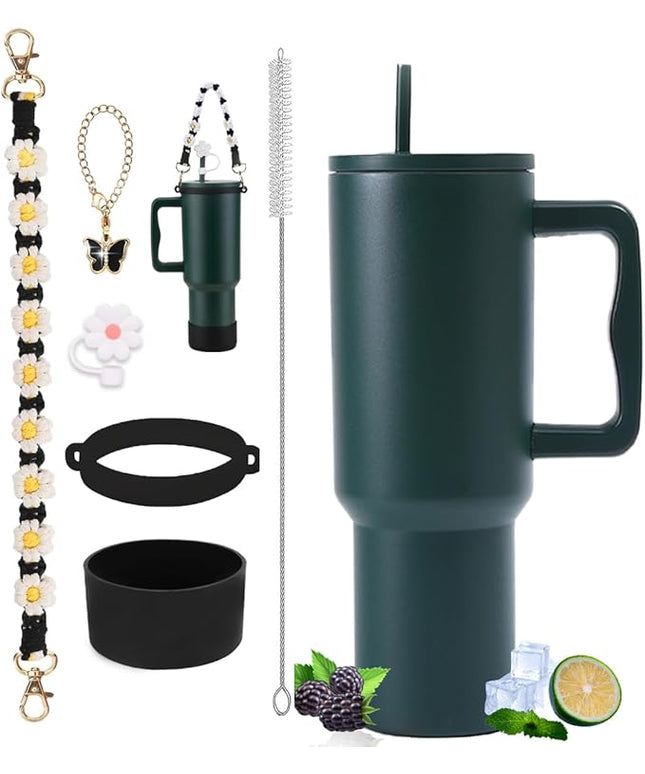 40 oz Tumbler with Handle and Straw & 6PCS Cup Accessories for 40 oz Cup - Vacuum Insulated Stainless Steel Double Wall Water Bottle Travel Coffee Mug - Holiday Gifts for Women Men (Forest)