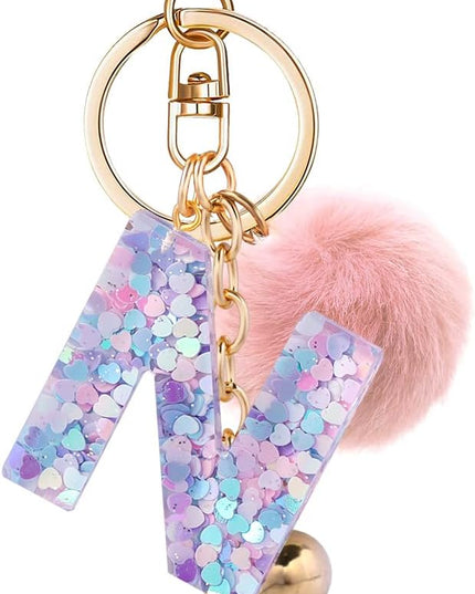 Resin Alphabet Initial Letter Keychain Keyring for Women Purse Handbags With Fur Ball Pom