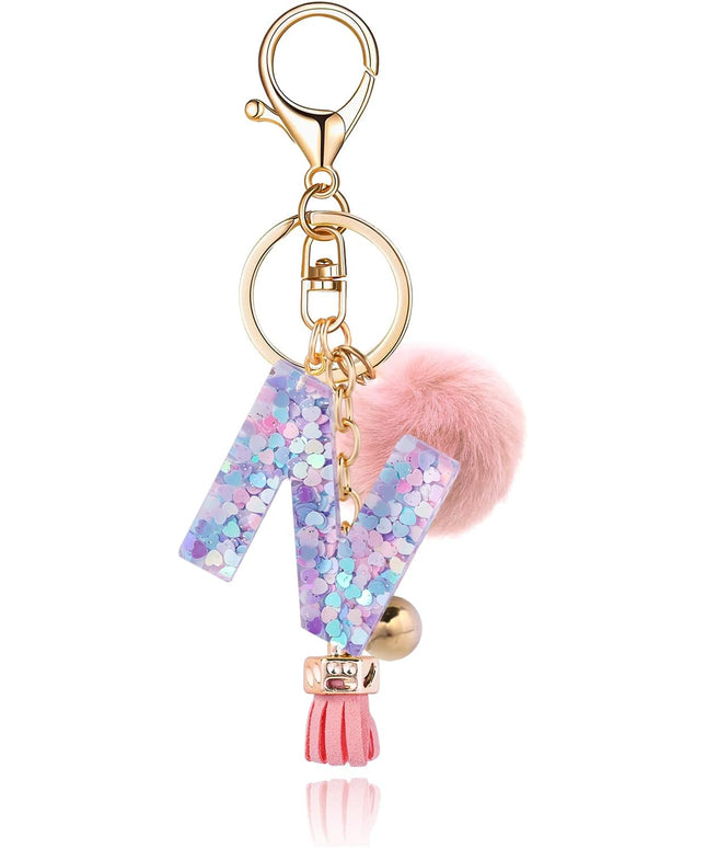Resin Alphabet Initial Letter Keychain Keyring for Women Purse Handbags With Fur Ball Pom