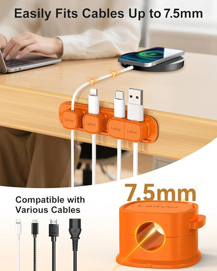 6 Pack Magnetic Cable Clips [1s Open/Lock], Laitver Cord Organizer Holder Strong Adhesive Desk Cable Management- Organize Charging Cords Neatly for Home, Office, Car,Desk, Nightstand-Orange