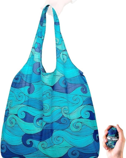 Nanobag Ultralight Extra Large Size Tote Bag for Women & Men, Heavy Duty Reusable Grocery Bag, Foldable Travel Shopping Tote, Packable Cloth Bag with Handles, Washable Market Tote (Blue Waves)
