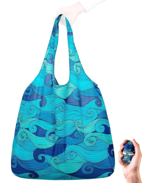 Nanobag Ultralight Extra Large Size Tote Bag for Women & Men, Heavy Duty Reusable Grocery Bag, Foldable Travel Shopping Tote, Packable Cloth Bag with Handles, Washable Market Tote (Blue Waves)