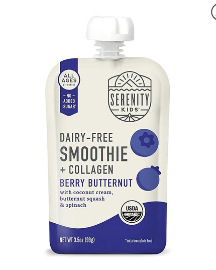 Serenity Kids 6+ Months Smoothie Baby Food Pouch - Berry Butternut, 3.5 Fl Oz, 6 Pack - Grass Fed Collagen Protein - Dairy Free Smoothie Pouch & No Added Sweeteners