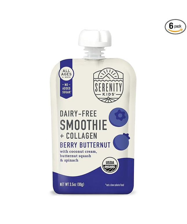 Serenity Kids 6+ Months Smoothie Baby Food Pouch - Berry Butternut, 3.5 Fl Oz, 6 Pack - Grass Fed Collagen Protein - Dairy Free Smoothie Pouch & No Added Sweeteners